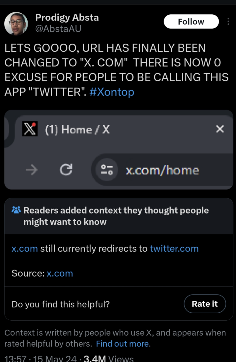 screenshot - Prodigy Absta Lets Goooo, Url Has Finally Been Changed To "X.Com" There Is Now O Excuse For People To Be Calling This App "Twitter". X 1 Home X C x.comhome Readers added context they thought people might want to know x.com still currently red